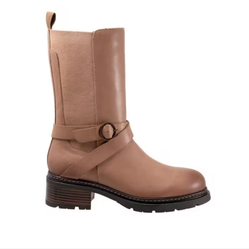 NEW Softwalk Neenah Leather Moto Boot Stone Gray Mid-Calf Buckle Wide Width 10W